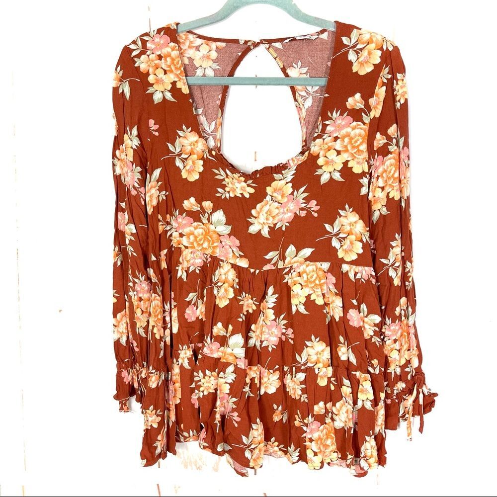 American Eagle Floral Long Sleeve Rust Colored Tunic Length Blouse Autumn Fall